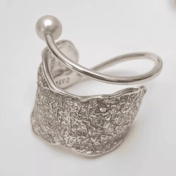 S925 Sterling Silver Textured Pearl Open Ring - Picture 2 of 4